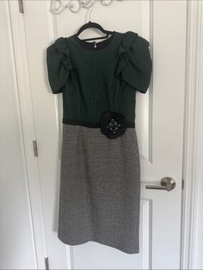 Dolce & Gabbana Green and Gray Midi Dress with Embellished Waist